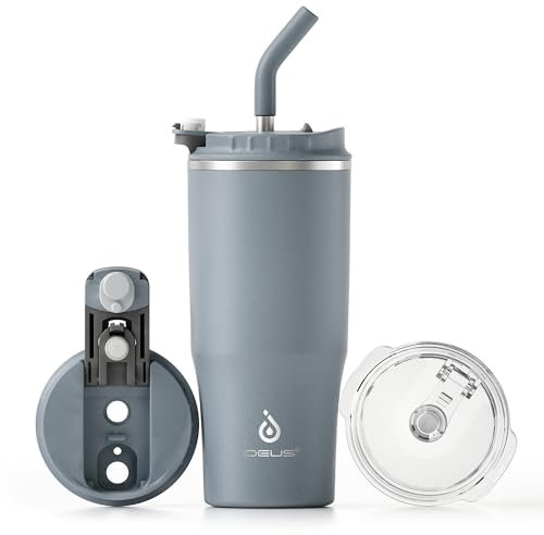 Ideus Tumbler with Lid and Straw | 24 oz Travel Tumbler | Double Wall Stainless Steel Insulated Coffee Tumbler | Perfect for Hot or Iced Coffee | Gifts for Girls Women Men | Classic Grey