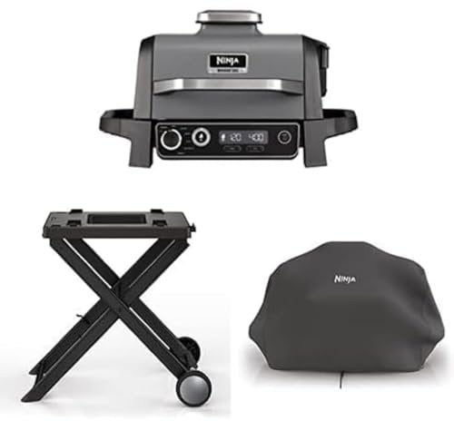 Bundle of Ninja Woodfire E. BBQ & Smoker, 7-in-1 Outdoor Barbecue & Air Fryer OG701UK + Folding Grill Stand + Water Resistant Grill Cover