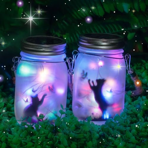MLOQI Lot de 2 Lanternes Solaires pour Extérieur, Chat dans un pot Maçon, Lampe de Jardin Solaire LED étanche à Suspendre pour Intérieur et Extérieur Décoration (Multicolore)