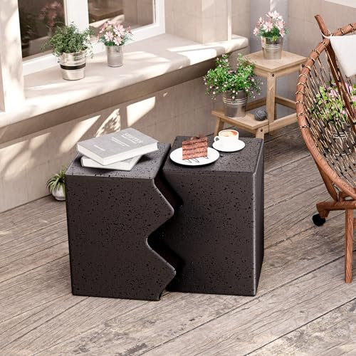 HOMPUS Beistelltisch aus Beton mit Punkten, 2er-Set, Terrassen-Beistelltisch, modern, Vintage, MgO, leicht, funktional, Kombinationstisch für drinnen und draußen, Garten, Deck, Pool, Braun