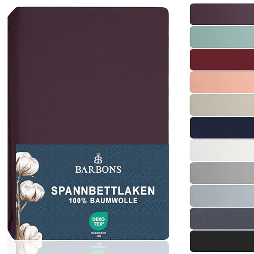 BARBONS Spannbettlaken 90x200cm - 100% Baumwolle Bettbezug Aubergine | Oeko-TEX Zertifiziert - Spannbetttuch - Bettlaken - Bettbezug - Jersey - für Boxspringbett und Dicke Matratzen bis 27 cm