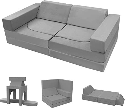 MeMoreCool Spielsofa Schlafsofa Kinder, Schaumstoff Soft Bausteine Couch, Fancy Spielsofa einen aufregenden Indoor-Spielplatz für das Kinderzimmer, Kuschelecke ideal für Kinder, Grau