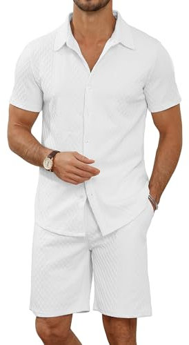MLANM Men's 2 Piece Short Sets Casual Button Down Shirt and Shorts Set Knit Polo Set Vintage Summer Beach Outfits Loose Tracksuits,XL White