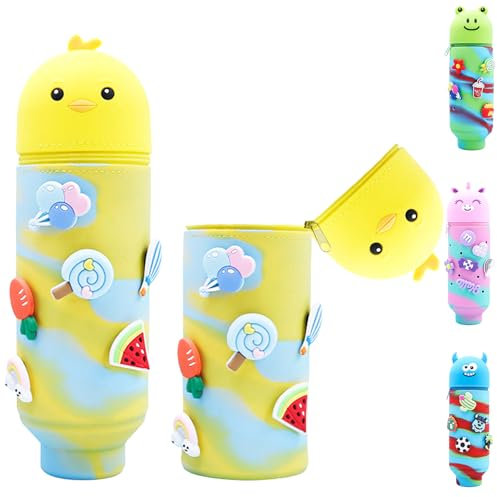 AUNGKWANG Gelb Kawaii Federmäppchen, Küken 2-in-1 weichem Silikon Stifthalter, mit 6 Crocs Anstecker, Cartoon Bleistifthalter, Teleskopisc Federtasche für Mädchen Teen Geschenk