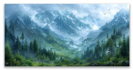 JOSUE Bilder Xxl Wald Natürlicher Berg Groß Leinwandbilder Xxl,Grün, grau Wandbilder Wohnzimmer Wanddeko Badezimmer Dekor-70x140cm Ungerahmt