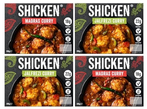 SHICKEN Hot Curry Box with 2 x SHICKEN Jalfrezi Curry & 2 x SHICKEN Madras Curry (350g each) | Plant Based Indian Ready Meals for Two | Chef Made Vegan Curry | Just Add Sundries!