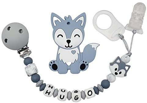 Attache tétine sucette personnalisée/prénom/bébé naissance cadeau, modèle loup gris silicone (Attache tétine uniquement)