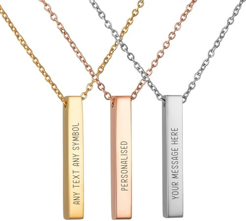 Personalised Engraved Stainless Steel 3D Bar Necklace 4 Sides - ANY TEXT - ANY LANGUAGE Men & Woman Jewelry Necklace Pendant Custom Text Xmas Christmas Birthday Anniversary Gift Idea (SILVER)