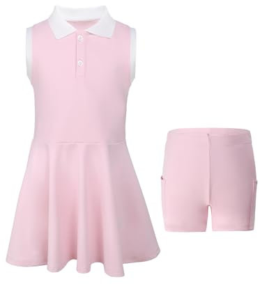 SPFASZEIV Vestito da Tennis per Ragazze con Tasche Separate per Pantaloncini Abito Sportivo da Golf Senza Maniche Polo Tennis Dress 9-10 Anni Rosa