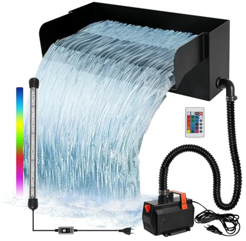 Teich Wasserfall Spillway 30cm Schwarze Edelstahl Wasserfall Teichfilter für Gartenteich Teich 30cm 45W 3000L/H with Pumpe und LED Licht für Wasserspiel Patio Terrasse Wasserwand Koiteich Außen
