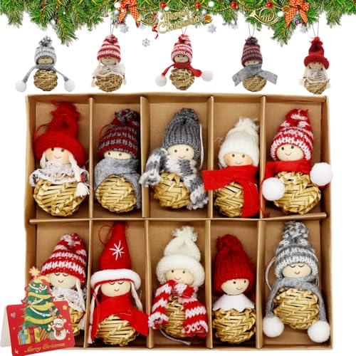 Forbabe 10 Stück Weihnachtswichtel Anhänger, Stroh Christbaumschmuck Wichtel Niedlich Weihnachtsfiguren Klein Weihnachtsengel Baumschmuck Figuren Weihnachtsanhänger für Kamin Esstisch Fenstern Deko