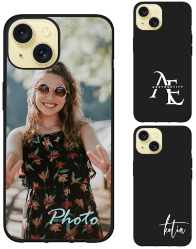 Cover personalizzata compatibile con Apple iPhone 15 2023 - Cover per telefono personalizzata con foto logo, testo, in silicone TPU protettivo, sottile, morbida, antiurto, regalo unico, nero