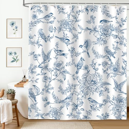 hometrixx Vintage Bauernhaus Duschvorhang Blau Blumen Vögel Retro 180x200cm | Wasserdicht Polyester, Maschinenwaschbar, Badevorhänge mit 12 Ringe, Schimmelresistent Badezimmervorhang für Dusche Bad