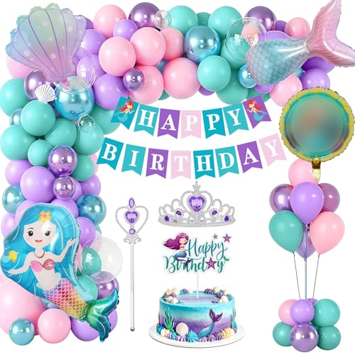 Geburtstagsdeko Mädchen Meerjungfrau Set, Prinzessin Geburtstag Party Deko | Deko Kindergeburtstag mit Luftballons Tiara Krone Zauberstab Cake Topper Happy Birthday Girlande Krone Ballon für Partydeko