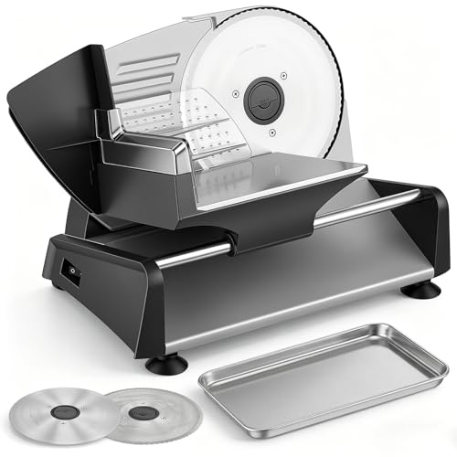 Meat Slicer, Electric Bread Slicer Machine with 180W Quiet Motor, Dual 19CM Removable Blades & Food Carriage, 0-15mm Adjustable Thickness, Safety Food Pusher for Cheese Bread Meat