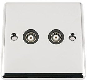TV Coaxial Aerial Socket Double 2 Gang - Polished Chrome Classic - Black Insert