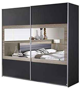 Rauch Möbel Tarragona Schrank Schwebetürenschrank, Grau Metallic / Eiche Sanremo hell, 2-türig mit Spiegel, inkl. Zubehörpaket Basic 2 Einlegeböden, 2 Kleiderstangen, BxHxT 226x210x62 cm