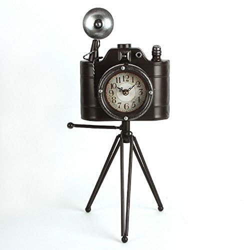 Large Metal Vintage Camera and Tripod Quartz Mantel Clock
