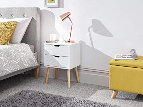 GFW Nyborg Scandinavian Style Side Table With 2 Drawer & Storage Shelf Modern Bedside Cabinet, Quick Easy Assembly, Flat Pack Bedroom Furniture, Wood, White, 30D x 40W x 56H