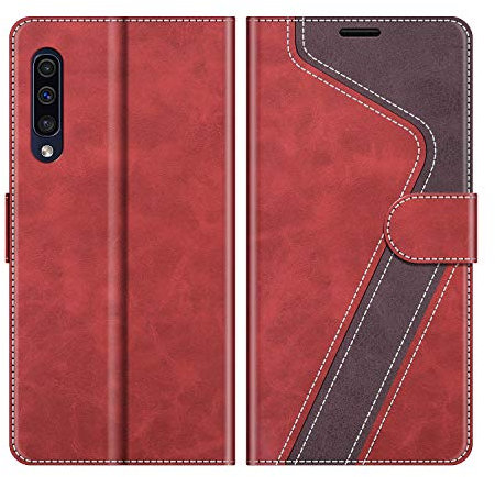MOBESV Hülle für Samsung Galaxy A50 Handyhülle, Lederhülle mit Kartenfach, Klapphülle mit Ständer, Flip Case Handytasche Schutzhülle, Modisch Rot