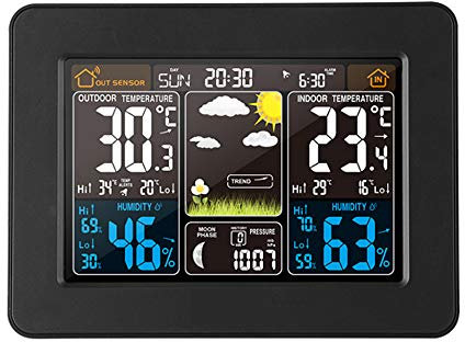 AOZBZ Stazione Meteo Digitale con Sensore Esterno, Wireless con termometro, rilevatore di umidità, barometro, Orologio e Sveglia, Fase lunare, con sensore Esterno, Nero