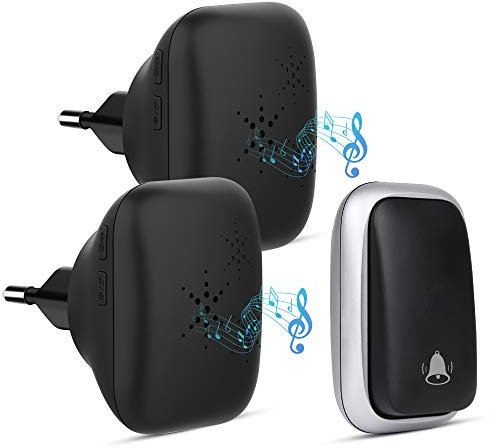 Timbre Inalámbrico sin Pilas, PDGROW Timbres Inalámbricos Impermeable Autoalimentado, 150M de Alcance, con 4 Niveles de Volumen, 38 Melodías, Indicadores LED(2 Receptor y 1 Transmisor - Negro)