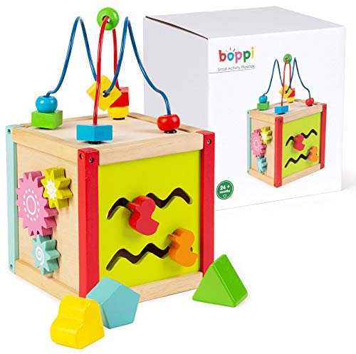 boppi 5 in 1 hölzerner Aktivitätswürfel 2-Wege-Perlenlabyrinth Achterbahn Sensorisches Babyspielzeug mit Uhr Zahnrad Drechsler Formensortierer und Entenschieber Multifunktionale Lernspielbox