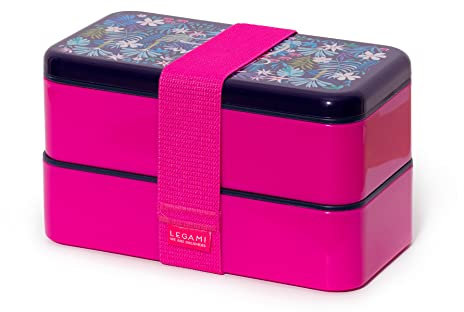 Legami - Lunchbox, 18 x 10 cm, langlebiges Material, inklusive 2 Tabletts, 3 Besteck aus Kunststoff und einem elastischen Band, Thema Flora