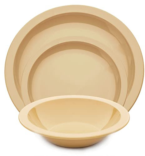 Harfield 3 Piece Tableware Set Dining Plates & Bowl Virtually Unbreakable Reusable Polycarbonate (Beige)