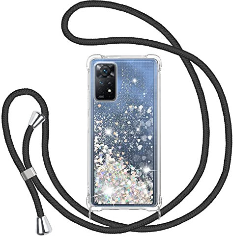 TUUTPU Coque pour Xiaomi Redmi Note 11 Pro 5G/4G/Note 11E Pro/Note 12 Pro 4G avec Cordon, Paillette Étui pour Téléphone avec Lanière, Transparent Silicone Collier Protection Housse Lanyard Case, Noir