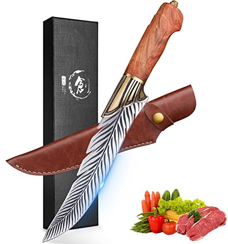 ROCOCO Couteau viking japonais à plumes avec fourreau pour camping, barbecue, anniversaire, père, mère, idée cadeau de Noël pour homme, 16,5 cm