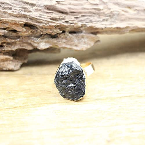 HGJH Ring Damen, Rohstein Gold Farbe Verstellbare Ringe Natürliche Schwarze Turmalin Mode Band Ring Schmuck