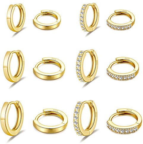 6 Paar Goldene Creolen für Damen - 14 Karat Vergoldete Leichte Hypoallergene Mini-Ohrringe Mit Kleinen Zirkonia