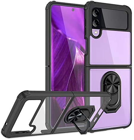 NALIA Étui Clair avec Bague Compatible avec Samsung Galaxy Z Flip4 Coque, Transparent Anti-Rayures Anti-Jaune Renforcé, Housse Arrière Rigide & Cadre Silicone, 360-Degrés Anneau Rotatif, Couleur:Noir