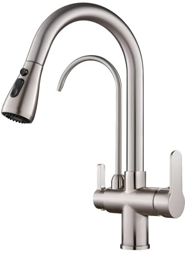 KEOKBON Wasserhahn Küche mit Trinkwasserhahn, 3-Wege-Küchenarmatur mit hohem Bogen, 3 in 1 Mischbatterie für Spüle, kalt und heiß (Gebürstetes Nickel)