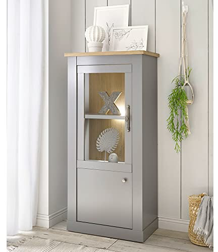 Lomadox Wohn-/Esszimmer Vitrine in grau mit Artisan Eiche Nb., B/H/T ca. 68/142/37 cm