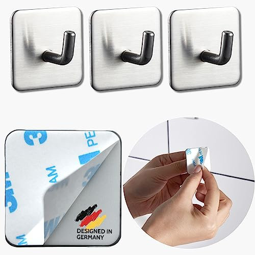 DEKAZIA Edelstahl Klebehaken, Extra Stark, Bad- und Küchenhandtuchhaken, Selbstklebend, 1kg Max. Gewicht, 4 Haken inklusive, gebürstetes Finish, modernes Design, Wandhalterung