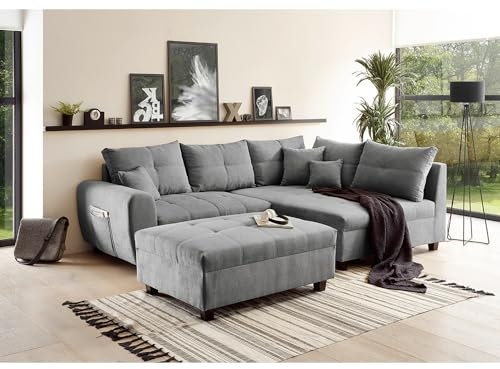 Lomadox Ecksofa mit Hocker und 8 Kissen in dunkelgrau | L-Form mit Recamiere rechts