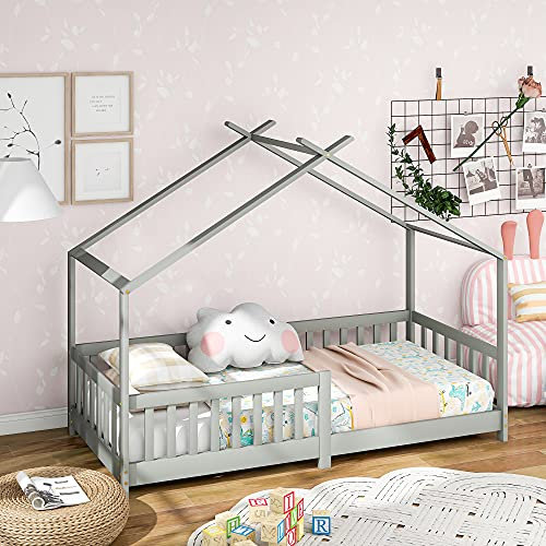TOPCHANCES Schönes Hausbett Kinderbett,Vollholz mit Zaun und Lattenrost, mit Rausfallschutz für Kinder- und Jugendzimmer,grau (200x90cm)