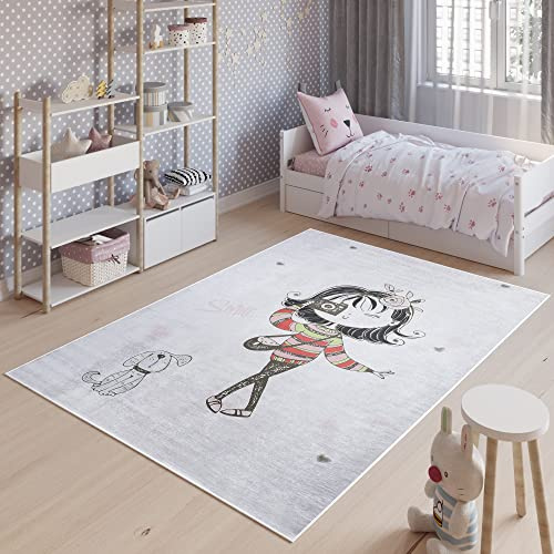 TAPISO Emma Kinderteppich Grau Mädchen Foto Antirutsch 140 x 200 cm | Waschbar bei 30 Grad bedruckter Kinderteppich Kinderzimmer Jugendzimmer Modern OEKO-TEX
