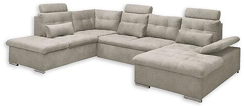 MEDAN Wohnlandschaft in U-Form, Stoffbezug Stone - Ausziehbares Sofa mit Schlaffunktion und Bettkasten - 324 x 107 x 170 (218) cm (B/H/T)