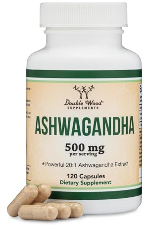 Ashwagandha Capsules, 120 Count (500mg Extract 20:1 Potency) Adaptogen Stress Relief by Double Wood