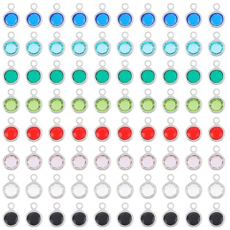 UNICRAFTALE 80 Stk 8 Farben Klein Glas Strass Charms Transparente Ohrring Anhänger Flache Runde Geburtsstein Kristall Glas Charms Mit Edelstahlschlaufen Für Armbänder Halsketten Schmuck Herstellung