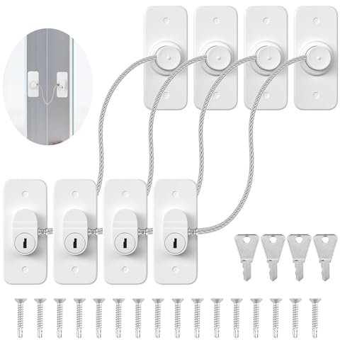 Window Restrictor Locks, 4 Pack Window Locks for UPVC Windows with Keys and Screws, Self Adhesive Cable Window Restrictors, Child Safety Locks for Refrigerator Door Drawer