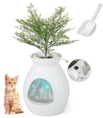 PETSITE White Plant Litter Box, Cat Hidden Litter Box Enclosure with Artificial Plant, Advanced Odor Removal System, Detachable Door Curtain, Cat Litter Scoop, Large Planter Litter Box