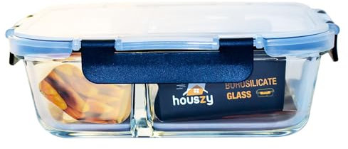 HOUSZY Glass Meal Prep Container-980 ml Single 2-Compartment Glass Container with Airtight Lid for Food Storage, BPA-Free, Microwave, Oven & Dishwasher-Safe