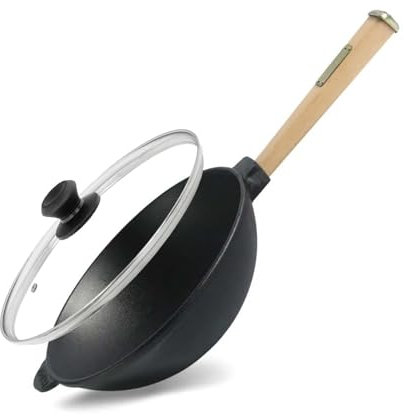 4BIG.fun Wok Asia Poêle à frire en fonte avec poignée en bois et couvercle en verre Ø 24 cm 2,2 l