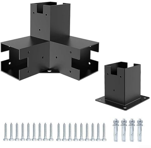 YUANGANG Pavillon-Zubehör, Holzhalterungs-Set für 4 x 4 Holz, Einzel-Set, 12 Gauge, robuste 3-Wege-Winkelhalterungen und Sockel (Basis + 3T)