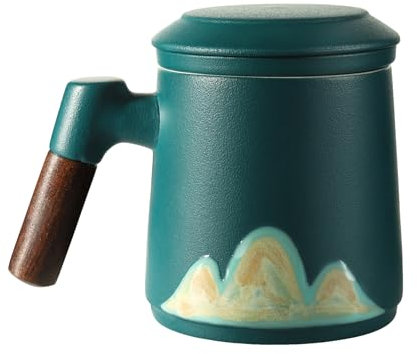 COOLPEI Tazza da tè con infusore e coperchio, in ceramica, con filtro, tazza da caffè ufficiale, con manico in legno, tazza da tè per regali personalizzati