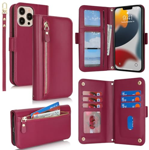 SailorTech for iPhone 12 Pro Max Phone Case Wallet with Card Holder for Women, iPhone 12 Pro Max Wallet Case with Credit Card Slots Flip Case Zipper Shockproof Case for Men - Red